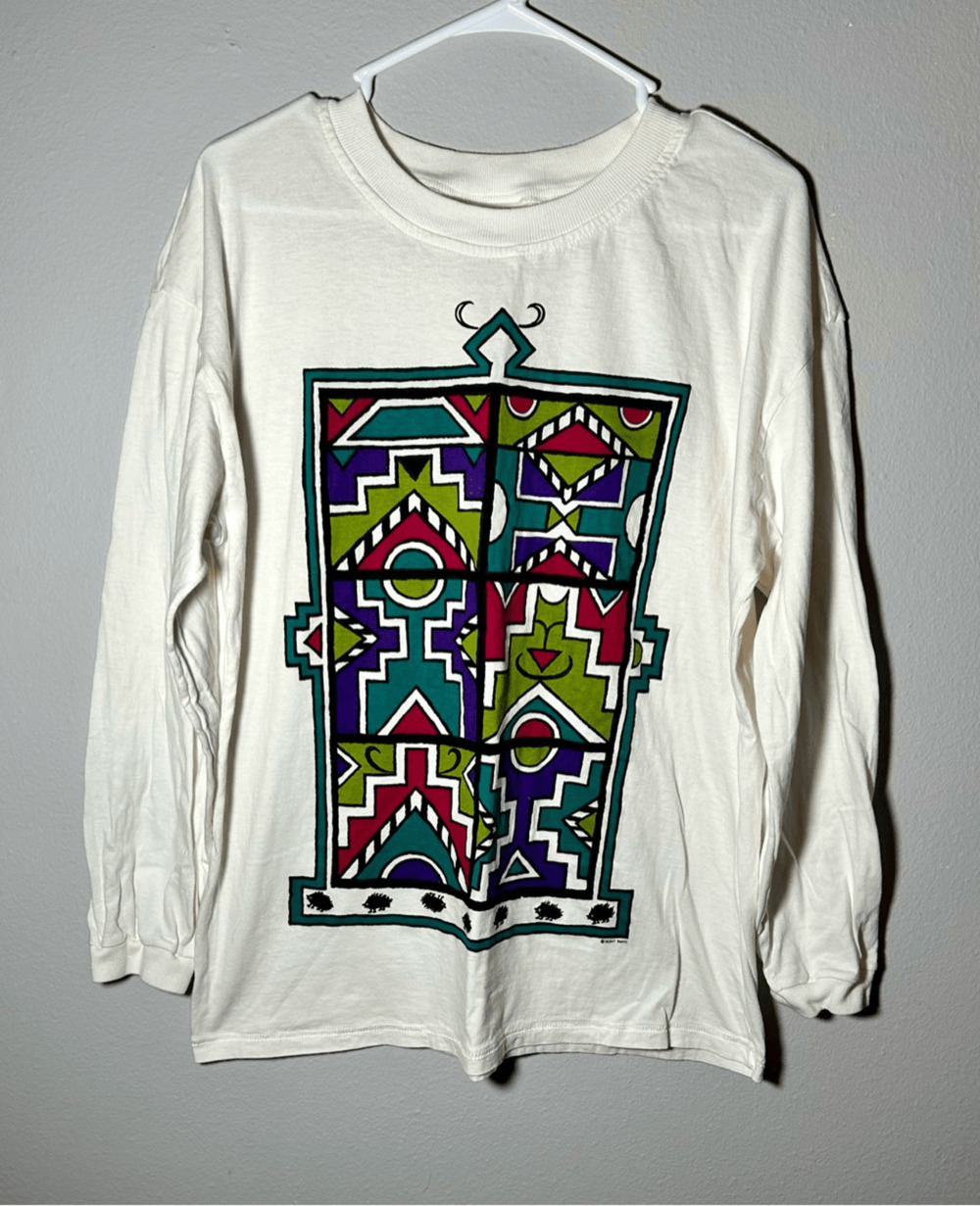 Vintage Don’t Panic Long Sleeve T-Shirt White Aztec Native Graphic Design Sz M